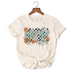 Floral Mama Checkered T-Shirt, White, Natural and Black Retro Tee for Stylish Mothers