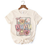 Floral Mama Coquette Bow Pastel T-Shirt, White and Natural Boho Tee With Spring Flower