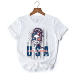 Made in America Messy Bun T-Shirt, Retro 4th of July White Patriotic Tee