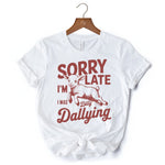 Sorry I'm Late Funny Lamb T-Shirt, Retro Dilly Dallying White and Natural Tee for Quirky Women
