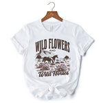 Wild Flowers and Wild Horses T-Shirt, Retro Western White and Natural Tee for Free-Spirited Women