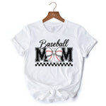 Baseball Mom Coquette Bow Retro T-Shirt, Stylish Game Day White Tee for Trendy and Proud Sports Mothers