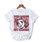 Even Baddies Get Saddies T-Shirt, Retro Crying Girl Pop Art White Tee for Stylish and Emotional Women