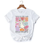 Sorry I'm Late I Was Dilly Dallying Goose T-Shirt, White and Natural Flowers Tee For Women