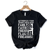 5 Things You Don’t Mess With Dad T-Shirt, Black and White Patriotic Father Tee with Bold Statemen