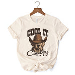 Cool It Cowboy T-Shirt With Western Dog, Retro Golden Retriever White and Natural Tee for Country Lover