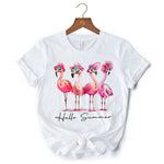 Flamingo Hello Summer T-Shirt, White and Natural Retro Tee with Tropical Birds