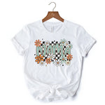 Floral Mama Checkered T-Shirt, White, Natural and Black Retro Tee for Stylish Mothers