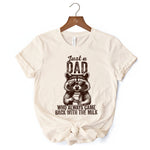 Just a Dad Who Back With Milk Raccoon T-Shirt, White and Natural Funny Tee for Loyal and Cool Fathers