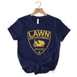 Lawn Enforcement Officer T-Shirt, Funny Badge Style Navy and Black Tee for Lawn Mower Gardener Dad