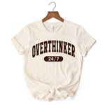 Over Thinker 247 T-Shirt, Minimalist Collegiate White, Natural and Black Tee for Tired Women