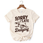 Sorry I'm Late Funny Lamb T-Shirt, Retro Dilly Dallying White and Natural Tee for Quirky Women