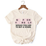 Would You Like To Buy A Vowel Puzzle T-Shirt, Funny Sarcastic White and Natural Tee for Witty Women