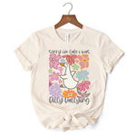Sorry I'm Late I Was Dilly Dallying Goose T-Shirt, White and Natural Flowers Tee For Women