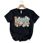 Floral Mama Checkered T-Shirt, White, Natural and Black Retro Tee for Stylish Mothers