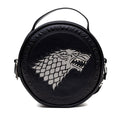 Load image into Gallery viewer, Game of Thrones Vegan Leather Round Crossbody Bag with Adjustable Straps, House of Stark Sigil Debossed and Filigree, Black