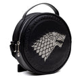Load image into Gallery viewer, Game of Thrones Vegan Leather Round Crossbody Bag with Adjustable Straps, House of Stark Sigil Debossed and Filigree, Black