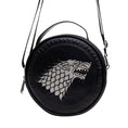 Load image into Gallery viewer, Game of Thrones Vegan Leather Round Crossbody Bag with Adjustable Straps, House of Stark Sigil Debossed and Filigree, Black