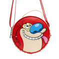 Load image into Gallery viewer, Nickelodeon Vegan Leather Round Crossbody Bag with Adjustable Straps, Ren and Stimpy Character Face Close Up Appliques, Red Beige
