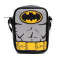 Load image into Gallery viewer, DC Comics Vegan Leather Round Crossbody Bag with Adjustable Straps, Batman Character Close Up with Bat and Belt Appliques, Black and Grey