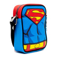 Load image into Gallery viewer, DC Comics Vegan Leather Crossbody Bag with Adjustable Straps, Superman Character Close Up with Super Logo and Belt Appliques, Blue