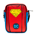 Load image into Gallery viewer, DC Comics Vegan Leather Crossbody Bag with Adjustable Straps, Superman Character Close Up with Super Logo and Belt Appliques, Blue