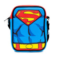 Load image into Gallery viewer, DC Comics Vegan Leather Crossbody Bag with Adjustable Straps, Superman Character Close Up with Super Logo and Belt Appliques, Blue