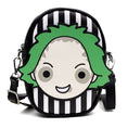 Load image into Gallery viewer, Horror Movies Vegan Leather Cross Body Bag with Adjustable Strap, Beetlejuice Smiling Chibi Face Applique, Stripe Black White, 7" x 8"