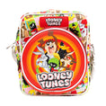 Load image into Gallery viewer, Looney Tunes Vegan Leather Crossbody Bag with Front and Back Zip Pocket, Looney Tunes Bullseye Group Pose and Character Block Poses, 8.5" x 10.0"