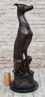 Art Deco Life Size Sitting Greyhound Dog Bronze Sculpture Marble Base Statue