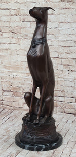 Art Deco Life Size Sitting Greyhound Dog Bronze Sculpture Marble Base Statue
