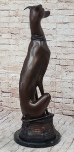 Art Deco Life Size Sitting Greyhound Dog Bronze Sculpture Marble Base Statue