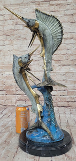 Real Bronze Metal Marlin Sailfish Swordfish Sculpture Statue Original Art on Marble Base