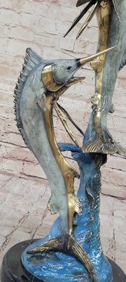 Real Bronze Metal Marlin Sailfish Swordfish Sculpture Statue Original Art on Marble Base
