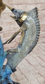 Real Bronze Metal Marlin Sailfish Swordfish Sculpture Statue Original Art on Marble Base