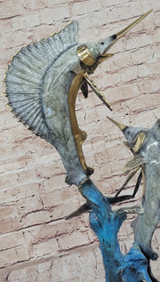Real Bronze Metal Marlin Sailfish Swordfish Sculpture Statue Original Art on Marble Base