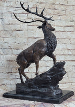 Elk Reindeer Caribou Stag Buck Wildlife Bronze Statue Sculpture on Marble Base