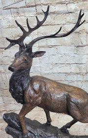 Elk Reindeer Caribou Stag Buck Wildlife Bronze Statue Sculpture on Marble Base