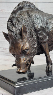 Wild Boar Pig Feral Hog Bronze Statue Sculpture Figure on Marble Base J. Moigniez