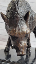Wild Boar Pig Feral Hog Bronze Statue Sculpture Figure on Marble Base J. Moigniez
