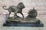 Lion vs. Porcupine Bronze Statue Sculpture Wildlife Art Decor on Marble Base