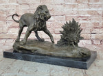 Lion vs. Porcupine Bronze Statue Sculpture Wildlife Art Decor on Marble Base