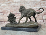 Lion vs. Porcupine Bronze Statue Sculpture Wildlife Art Decor on Marble Base