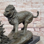 Lion vs. Porcupine Bronze Statue Sculpture Wildlife Art Decor on Marble Base