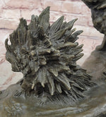 Lion vs. Porcupine Bronze Statue Sculpture Wildlife Art Decor on Marble Base