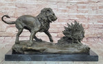 Lion vs. Porcupine Bronze Statue Sculpture Wildlife Art Decor on Marble Base