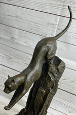 Panther Cougar Mountain Lion Cat Leaping Pouncing Down Bronze Sculpture Statue Art