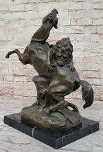 Lion Attacking Horse - Bronze Metal Sculpture by Antoine Barye on Marble Base