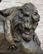 Lion Attacking Horse - Bronze Metal Sculpture by Antoine Barye on Marble Base