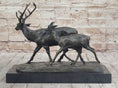 Load image into Gallery viewer, Deer Buck Elk and Doe Fawn Caribou Reindeer Bronze Statue Sculpture Marble Base 11" x 13"